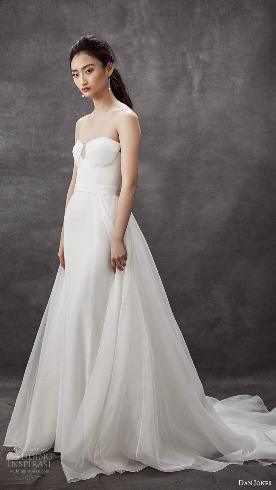dan jones 2020 bridal strapless semi sweetheart clean minimalist sheath wedding dress sweep train a line overskirt (4) mv