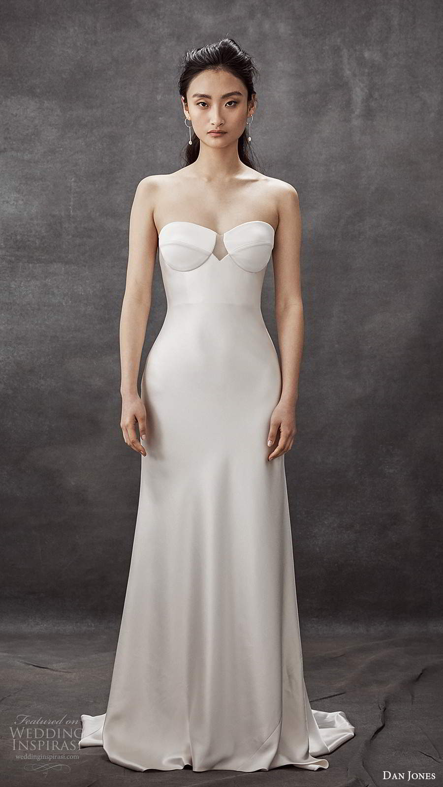 dan jones 2020 bridal strapless semi sweetheart neckline clean minimalist fit flare sheath wedding dress chapel train (11) mv