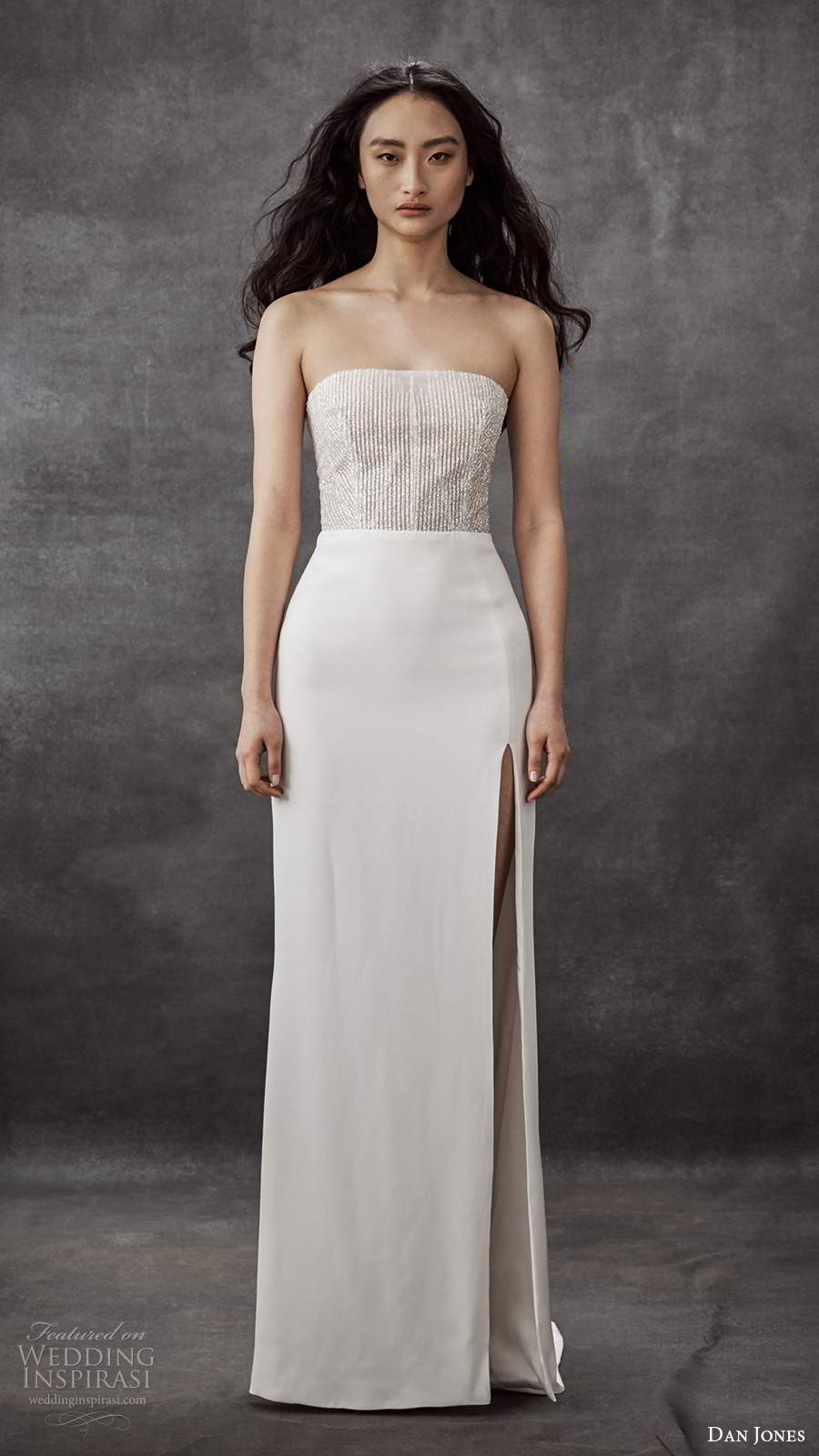 dan jones 2020 bridal strapless straight across neckline embellished bodice sheath wedding dress slit skirt sweep train (13) mv