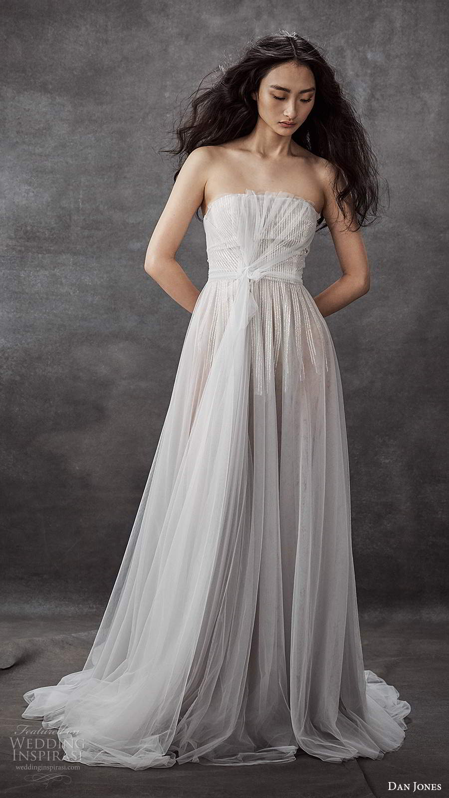 dan jones 2020 bridal strapless straight across ruched bodice embellished a line ball gown wedding dress chapel train (6) mv