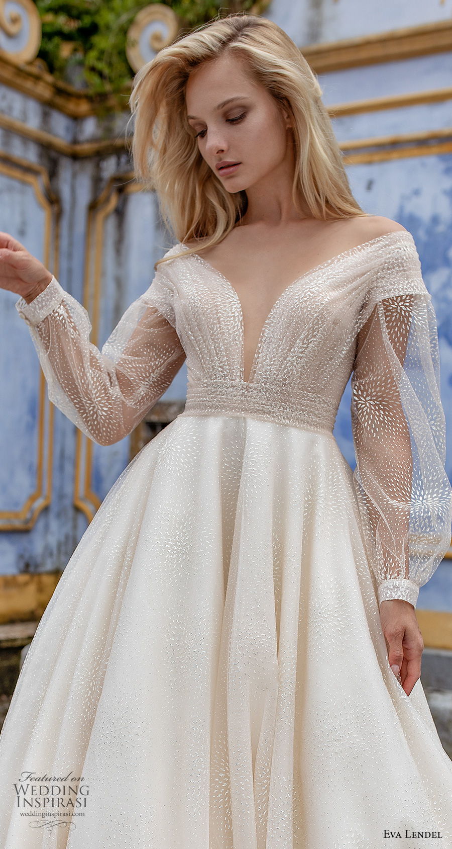 eva lendel 2020 lisbon vibes bridal long sleeves off the shoulder deep v neck heavily embellished bodice glamorous romantic a  line wedding dress mid back royal train (12) zv