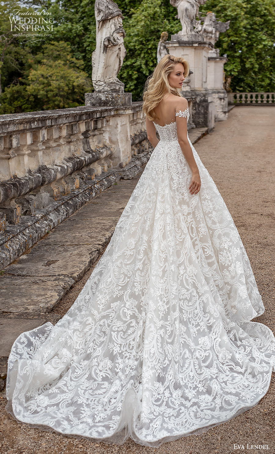 eva lendel 2020 lisbon vibes bridal off the shoulder deep plunging sweetheart neckline full embellishment romantic a  line wedding dress mid back chapel train (2) bv