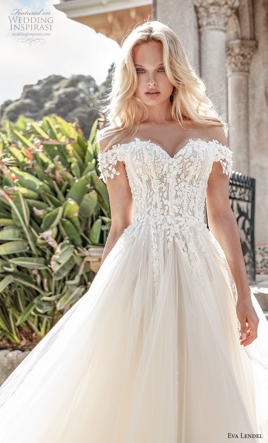 eva lendel 2020 lisbon vibes bridal off the shoulder sweetheart neckline heavily embellished bodice romantic princess a  line wedding dress mid back chapel train (7) zv