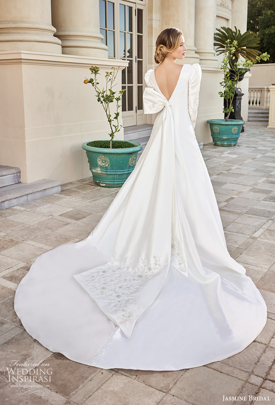 jasmine bridal spring 2020 bridal long gigot sleeves v neck simple minimalist elegant a  line wedding dress with pockets v back chapel train (11) bv