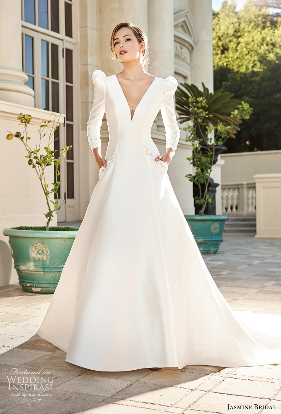 jasmine bridal spring 2020 bridal long gigot sleeves v neck simple minimalist elegant a  line wedding dress with pockets v back chapel train (11) mv