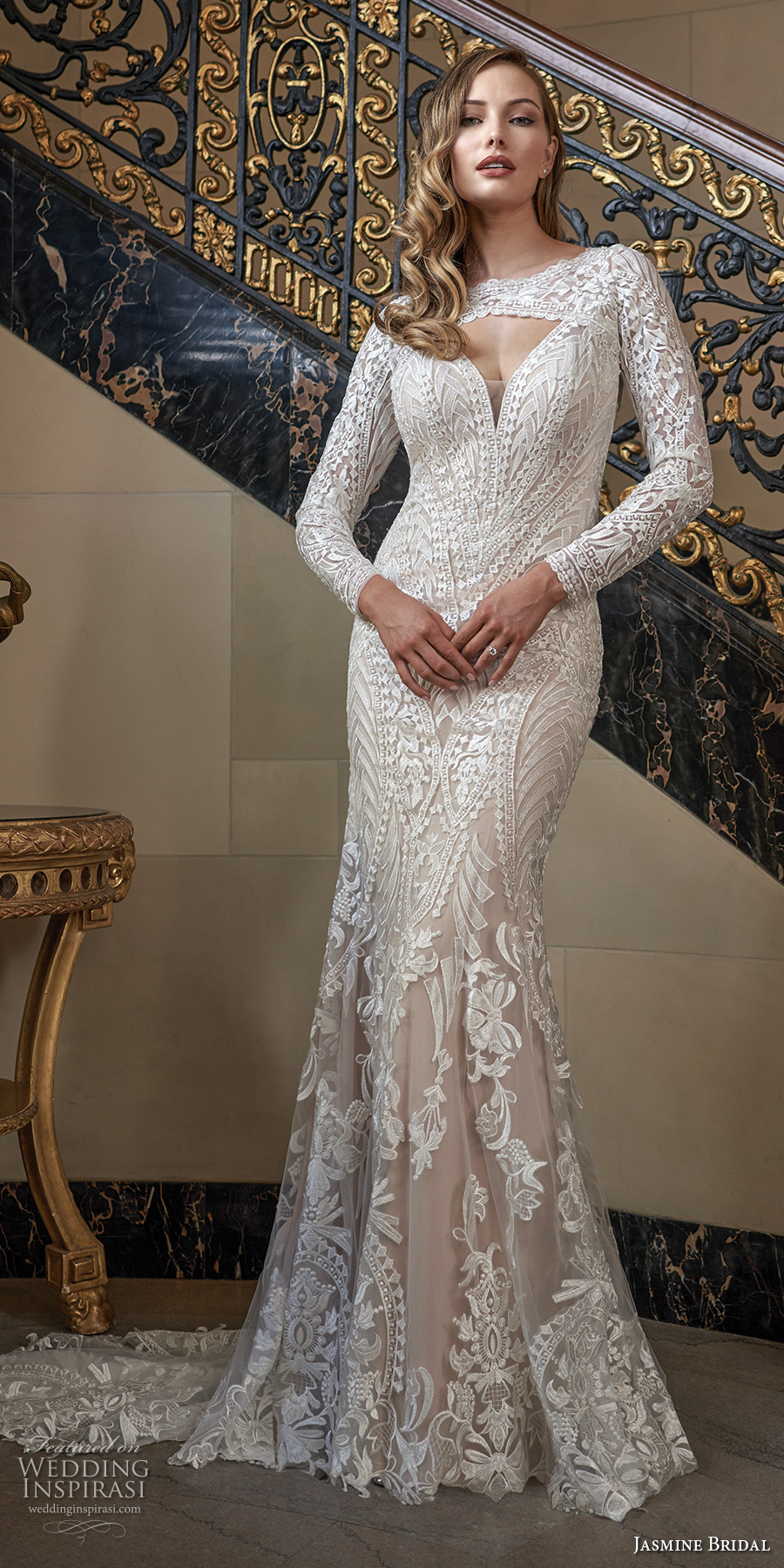 jasmine bridal spring 2020 bridal long sleeves bateau keyhold bodice full embellishment elegant fit and flare wedding dress keyhole back chapel train (3) mv