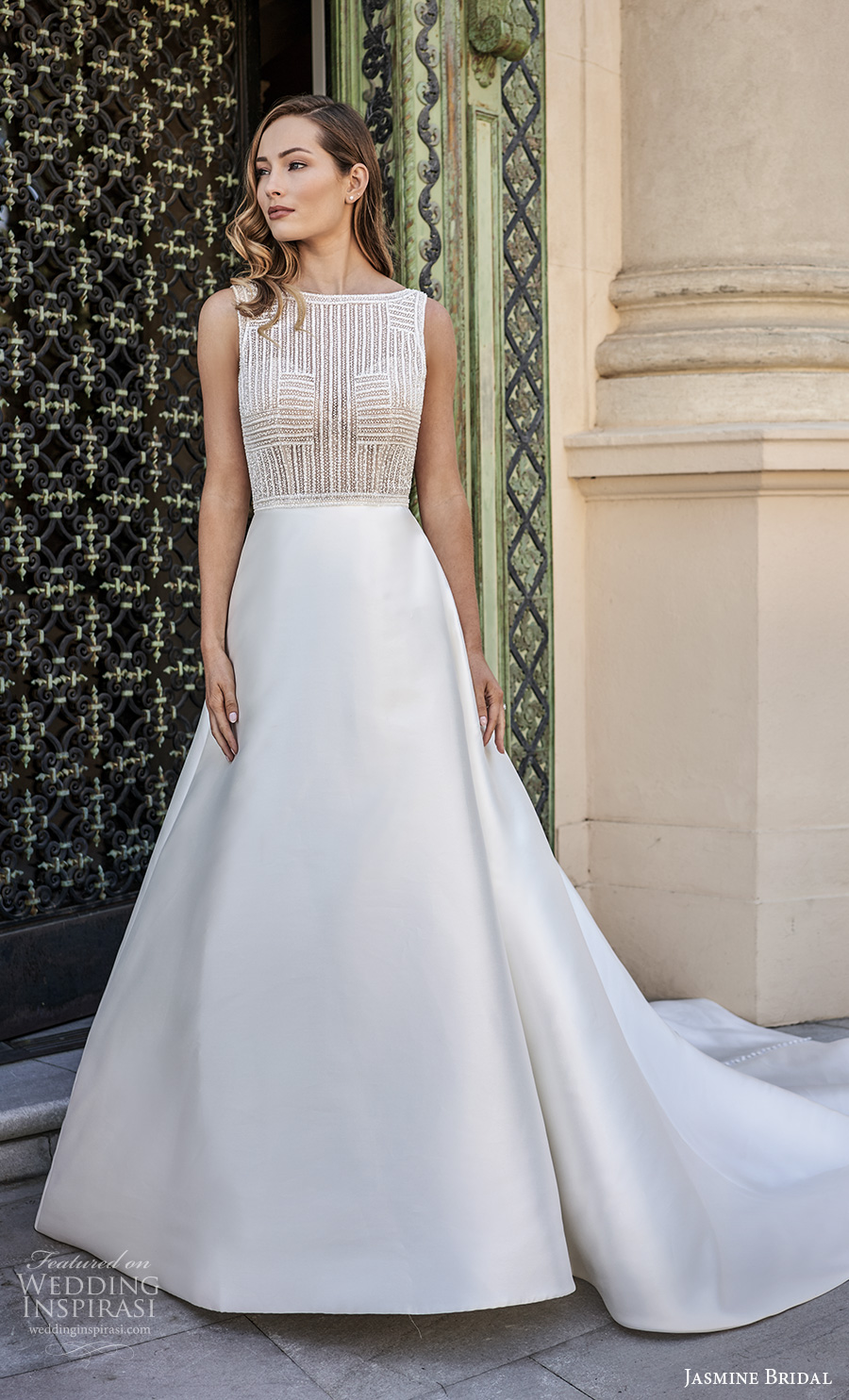 jasmine bridal spring 2020 bridal sleeveless bateau neckline heavily embellished bodice modern elegant a  line wedding dress v back chapel train (14) mv