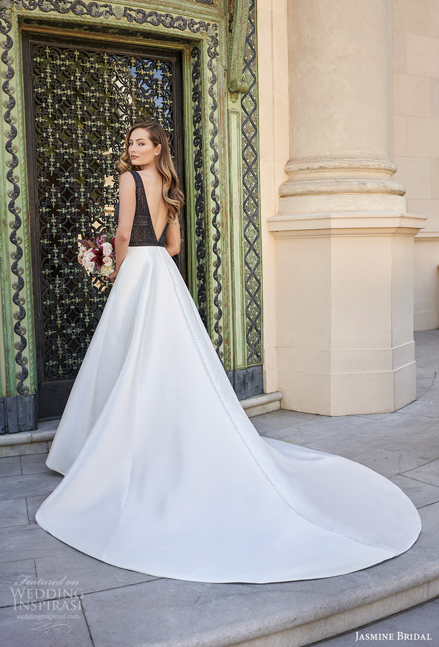 jasmine bridal spring 2020 bridal sleeveless bateau neckline heavily embellished bodice modern elegant black top a  line wedding dress v back chapel train (14) bv