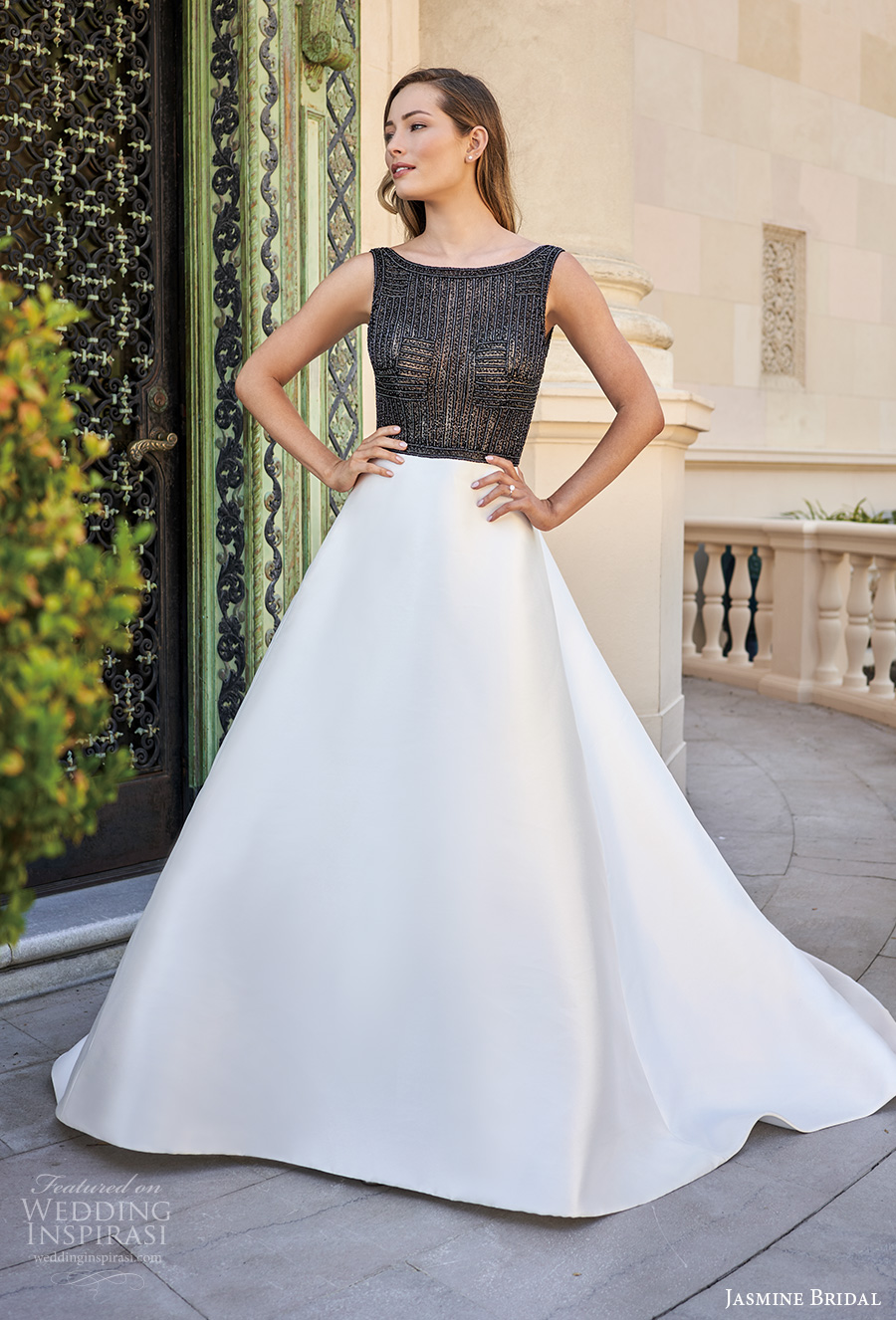 jasmine bridal spring 2020 bridal sleeveless bateau neckline heavily embellished bodice modern elegant black top a  line wedding dress v back chapel train (14) mv