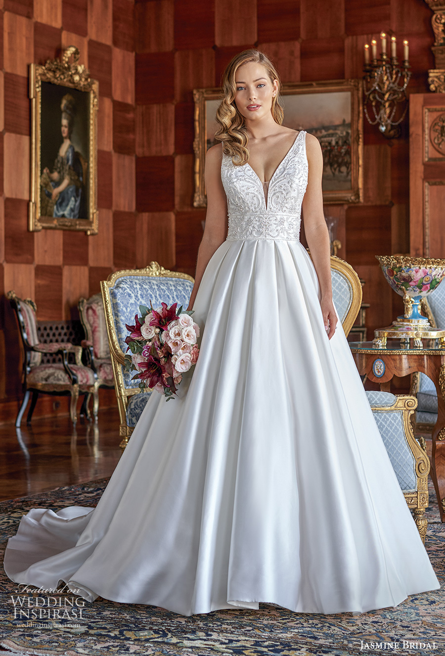 jasmine bridal spring 2020 bridal sleeveless deep v neck heavily embellished bodice romantic a  line wedding dress backless square back chapel train (4) mv