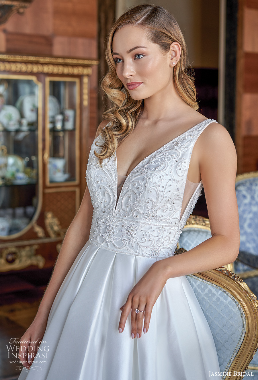 jasmine bridal spring 2020 bridal sleeveless deep v neck heavily embellished bodice romantic a  line wedding dress backless square back chapel train (4) zv