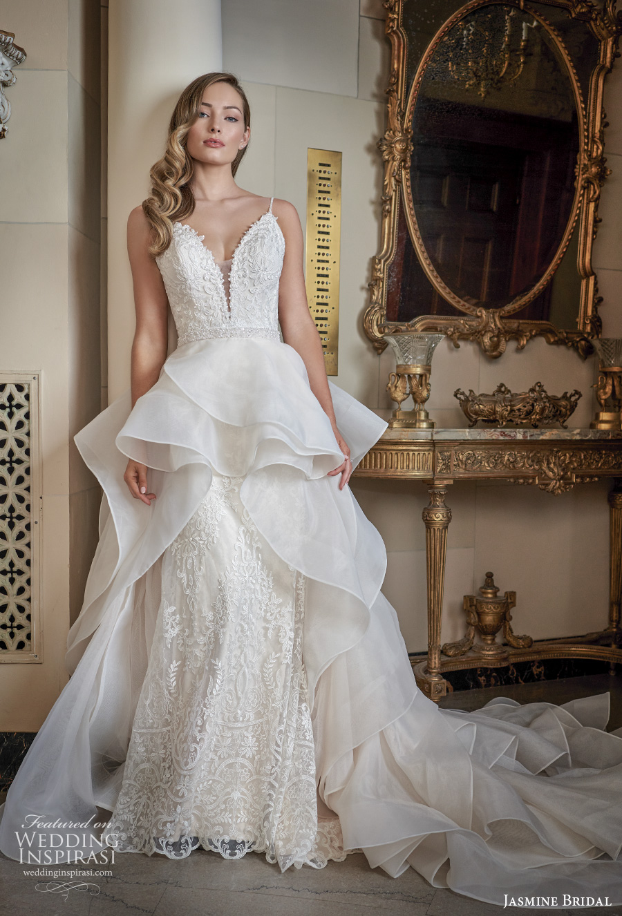 jasmine bridal spring 2020 bridal sleeveless spaghetti strap deep sweetheart neckline full embellishment peplum sheath wedding dress a  line overskirt backless v back chapel train (8) mv