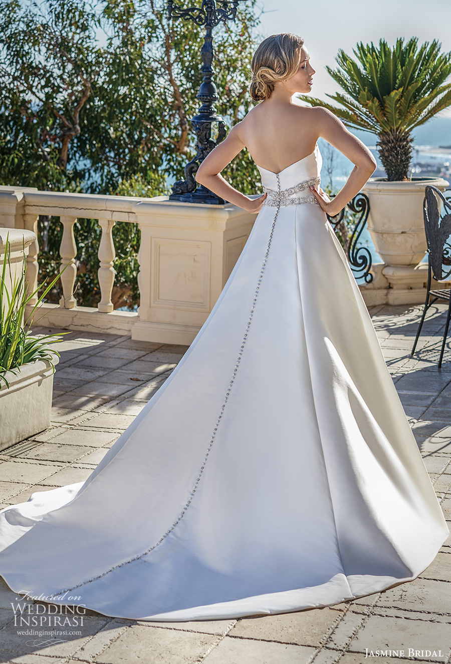 jasmine bridal spring 2020 bridal sleeveless straight across plunging slit neckline simple glamorous a  line wedding dress with pockets mid back chapel train (9) bv