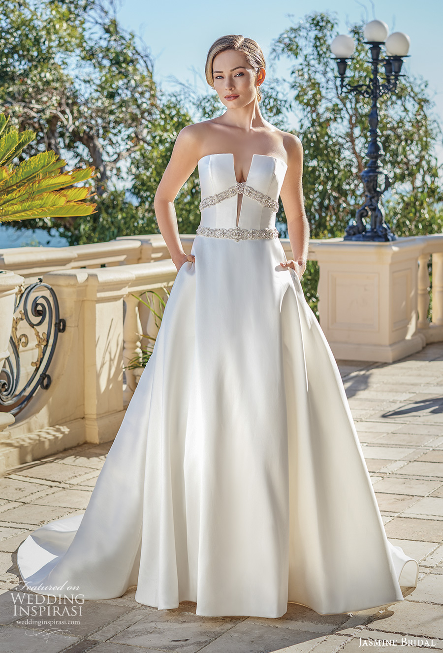 jasmine bridal spring 2020 bridal sleeveless straight across plunging slit neckline simple glamorous a  line wedding dress with pockets mid back chapel train (9) mv