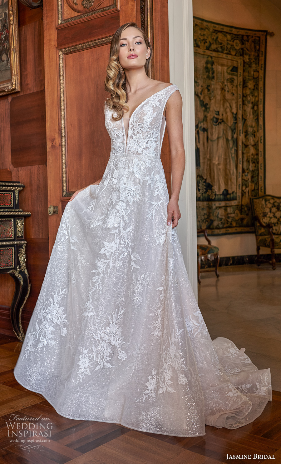 jasmine bridal spring 2020 bridal sleeveless with strap deep v neck full embellishment romantic a  line wedding dress v back medium train (15) mv