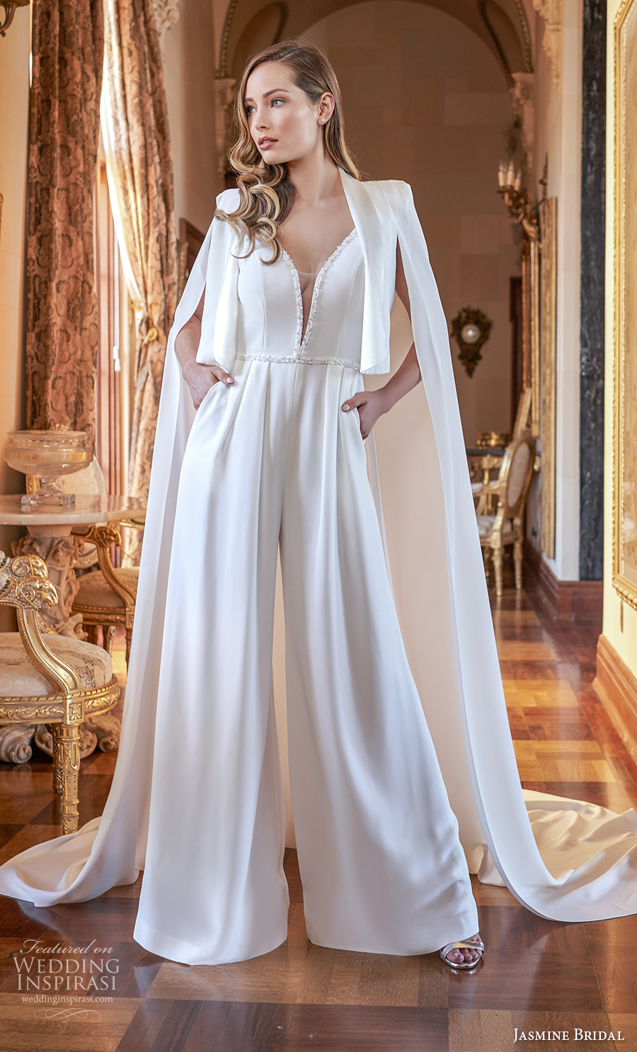 jasmine bridal spring 2020 bridal sleeveless with strap deep v neck simple minimalist modern jumpsuit wedding dress with pockets cape backless v back (16) mv