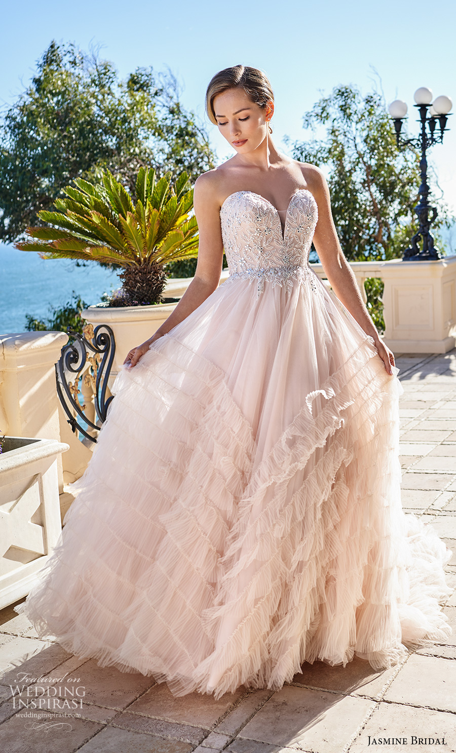 jasmine bridal spring 2020 bridal strapless sweetheart neckline heavily embellished bodice tiered skirt romantic blush a  line wedding dress backless chapel train (13) mv