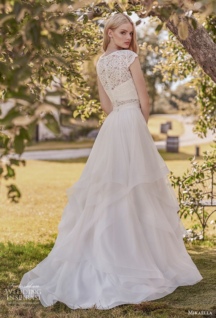 mikaella spring 2020 bridal cap sleeves bateau neckline heavily embellished bodice romantic modest a  line wedding dress covered lace back sweep train (2) bv