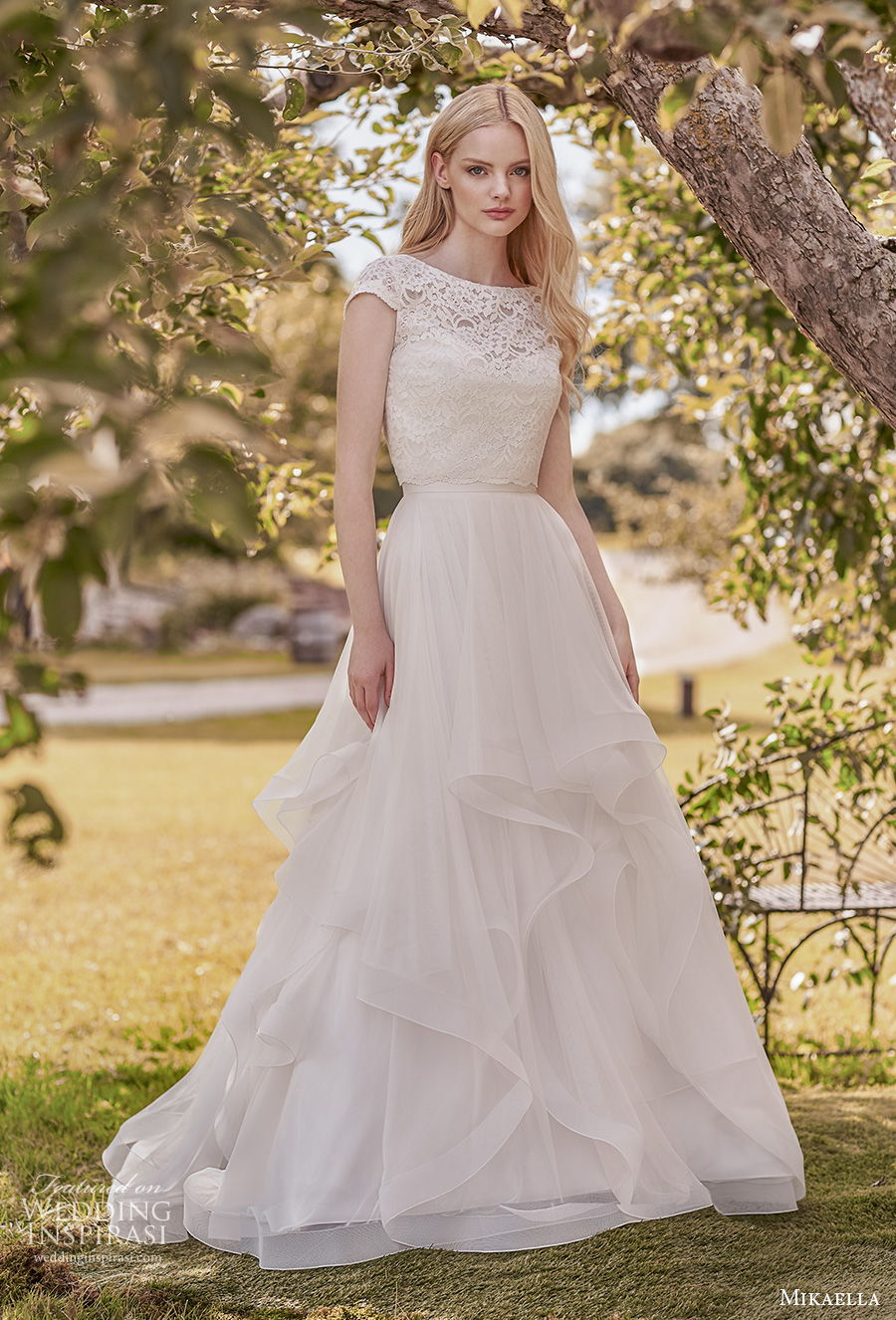 mikaella spring 2020 bridal cap sleeves bateau neckline heavily embellished bodice romantic modest a line wedding dress covered lace back sweep train (2) mv mikaella spring 2020 bridal cap sleeves bateau neckline heavily embellished bodice romantic modest a line wedding dress covered lace back sweep train (2) mv