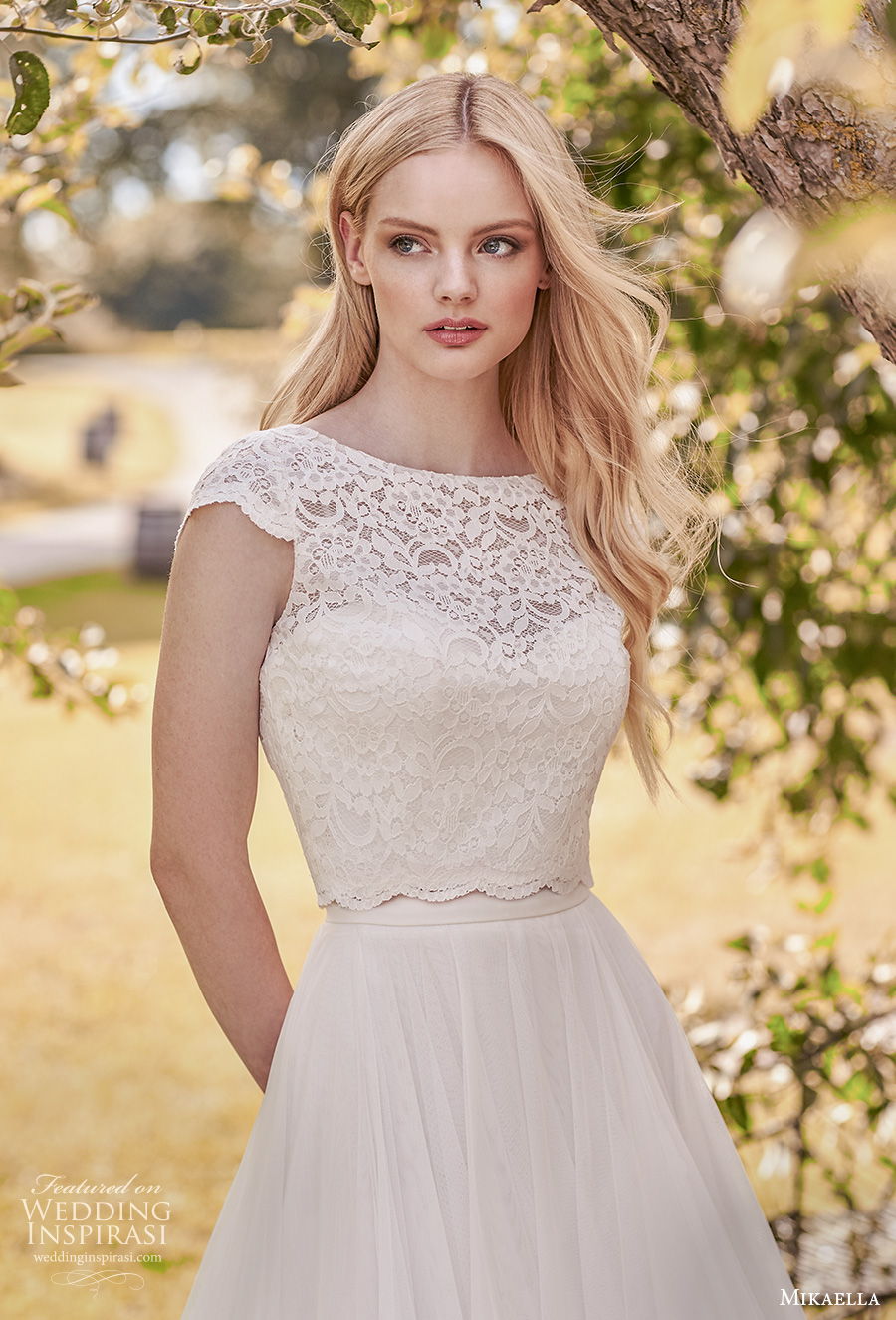 mikaella spring 2020 bridal cap sleeves bateau neckline heavily embellished bodice romantic modest a  line wedding dress covered lace back sweep train (2) zv