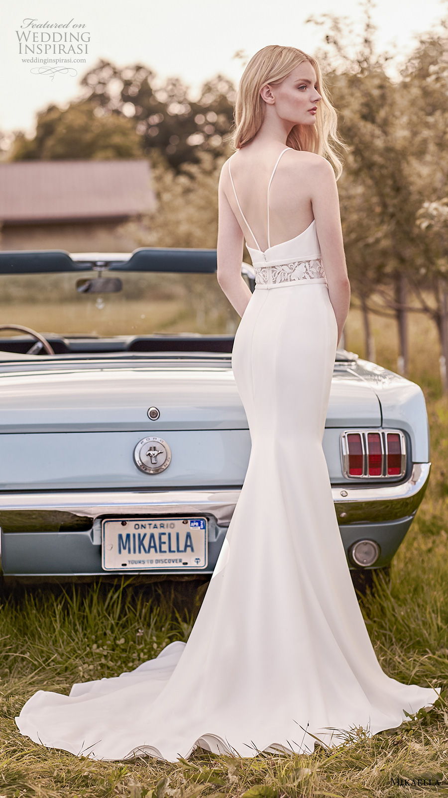 mikaella spring 2020 bridal sleeveles halter jewel neck simple elegant fit and flare sheath wedding dress backless medium train (15) bv