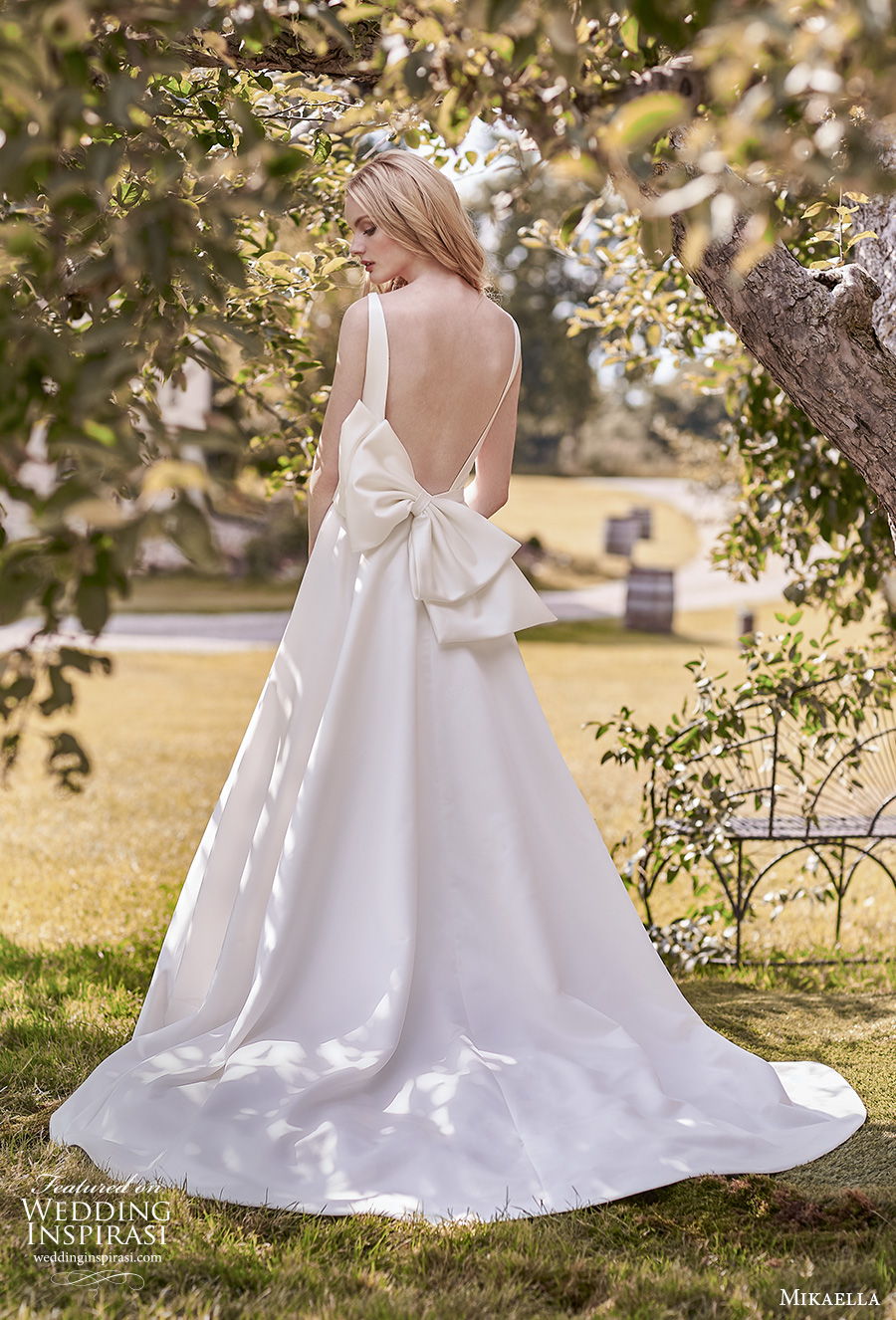 mikaella spring 2020 bridal sleeveless bateau neckline simple minimalist open side elegant a  line wedding dress with pockets backless ribbon back medium train (16) bv