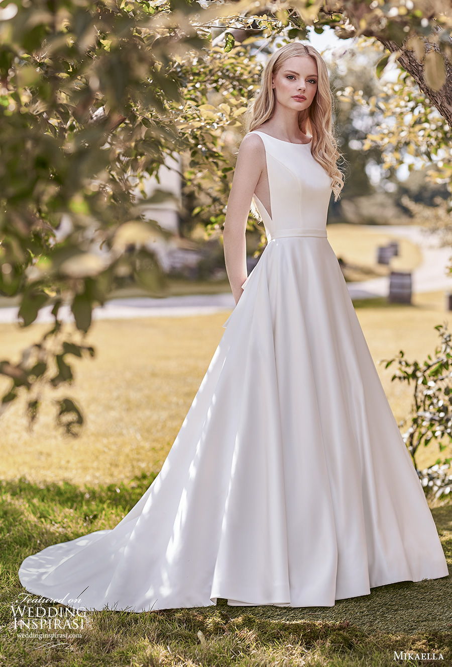 mikaella spring 2020 bridal sleeveless bateau neckline simple minimalist open side elegant a  line wedding dress with pockets backless ribbon back medium train (16) mv