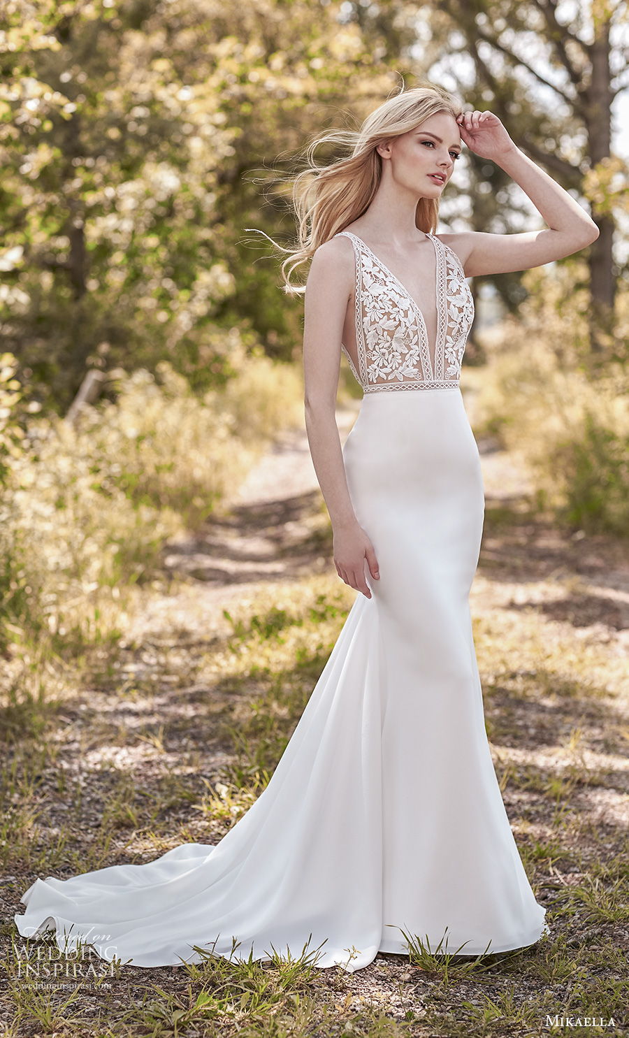 mikaella spring 2020 bridal sleeveless deep v neck heavily embellished bodice romantic sexy fit and flare sheath wedding dress v back medium train (10) mv mikaella spring 2020 bridal sleeveless deep v neck heavily embellished bodice romantic sexy fit and flare sheath wedding dress v back medium train (10) mv