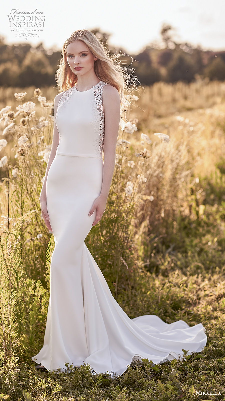 mikaella spring 2020 bridal sleeveless halter jewel neck simple minimalist elegant fit and flare sheath wedding dress keyhole low back short train (11) mv mikaella spring 2020 bridal sleeveless halter jewel neck simple minimalist elegant fit and flare sheath wedding dress keyhole low back short train (11) mv