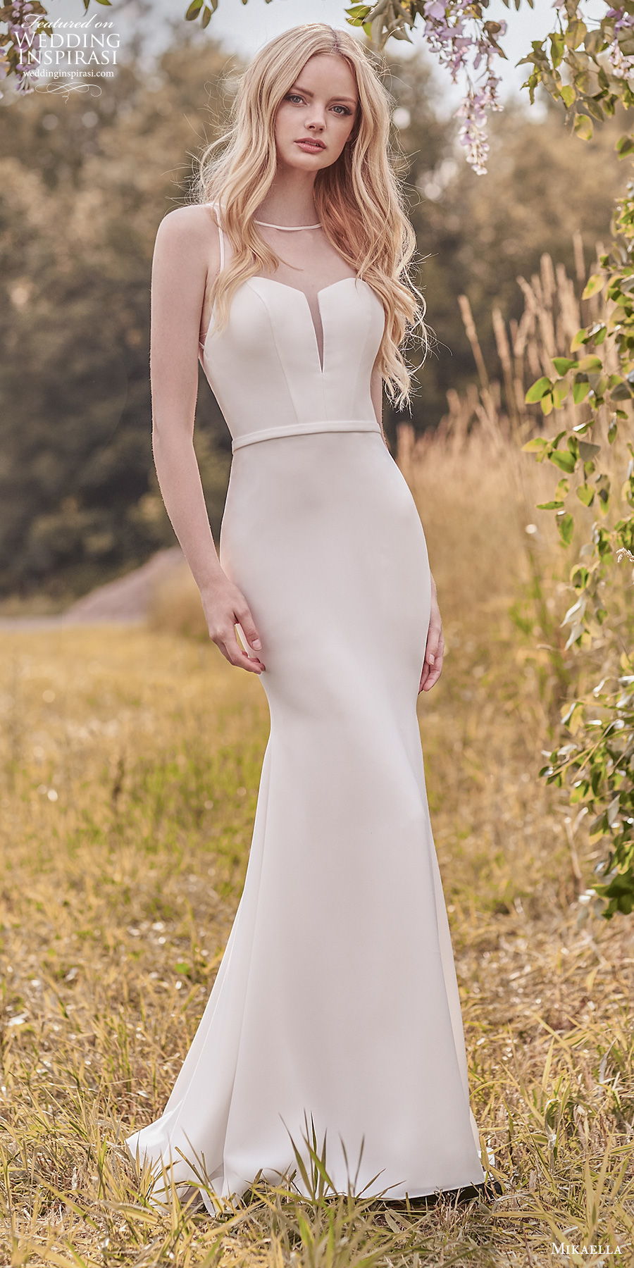 mikaella spring 2020 bridal sleeveless illusion bateau sweetheart neckline simple minimalist elegant fit and flare wedding dress sheer keyhole back chapel train (1) lv mikaella spring 2020 bridal sleeveless illusion bateau sweetheart neckline simple minimalist elegant fit and flare wedding dress sheer keyhole back chapel train (1) lv