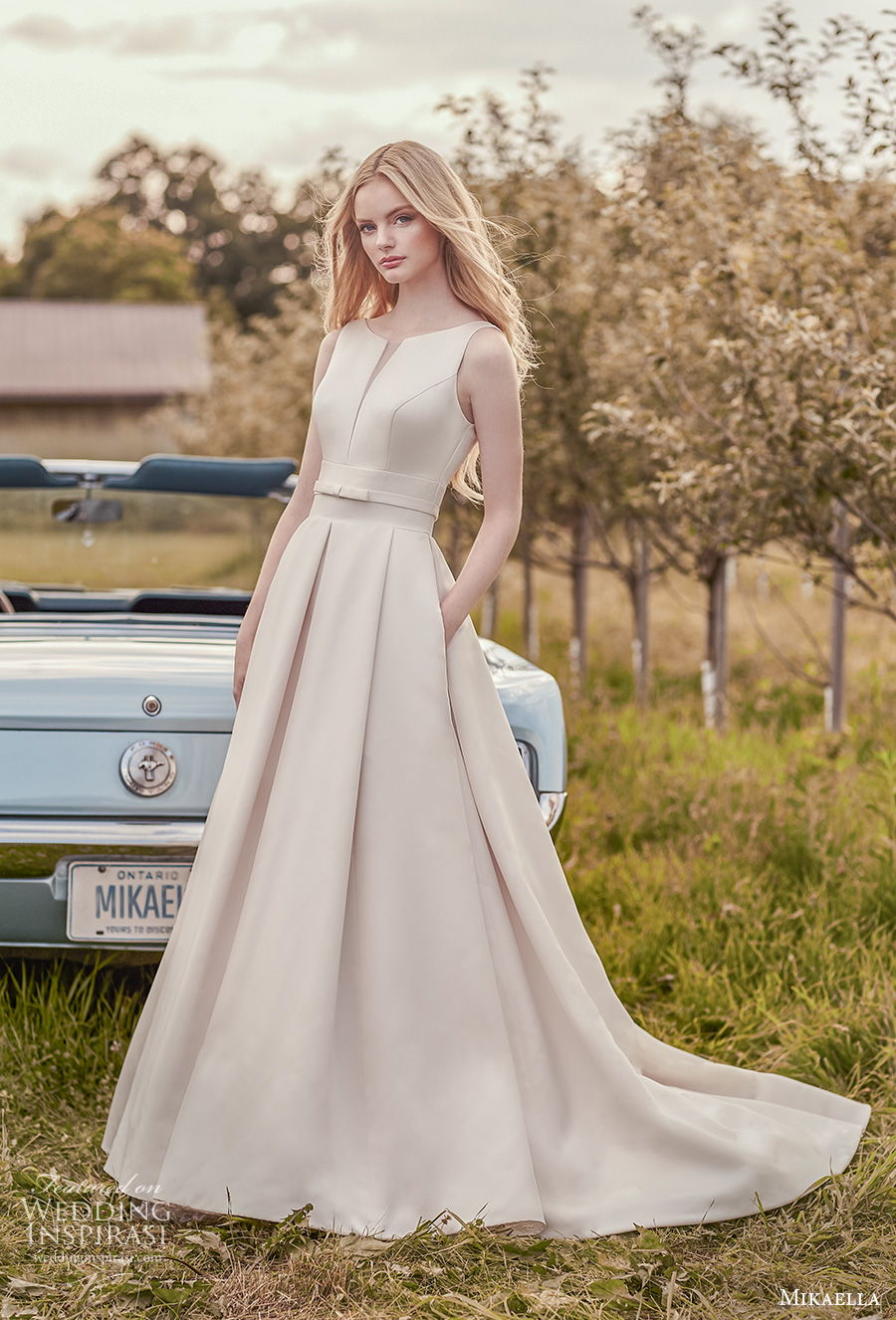 mikaella spring 2020 bridal sleeveless jewel neck simple minimalist pleated skirt elegant classic a  line wedding dress with pockets backless chapel train (5) mv