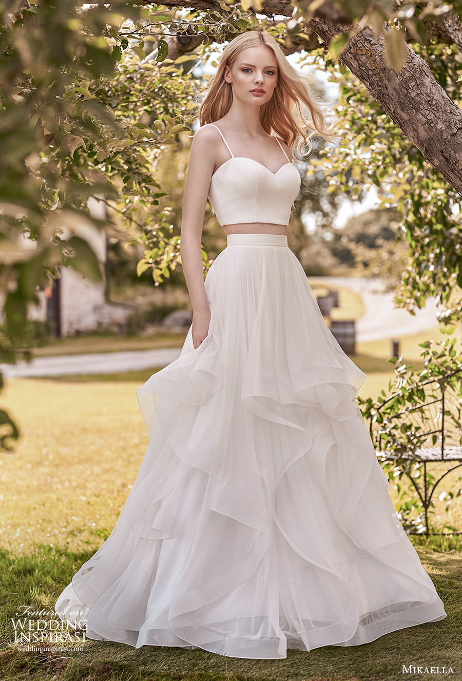 mikaella spring 2020 bridal sleeveless spaghetti strap sweetheart neckline simple minimalist crop top 2 piece tiered skirt a  line wedding dress sweep train (14) mv