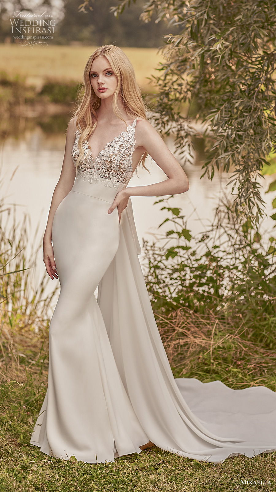 mikaella spring 2020 bridal sleeveless v neck heavily embellished bodice elegant fit and flare wedding dress a  line overskirt backless v back sweep train (3) mv