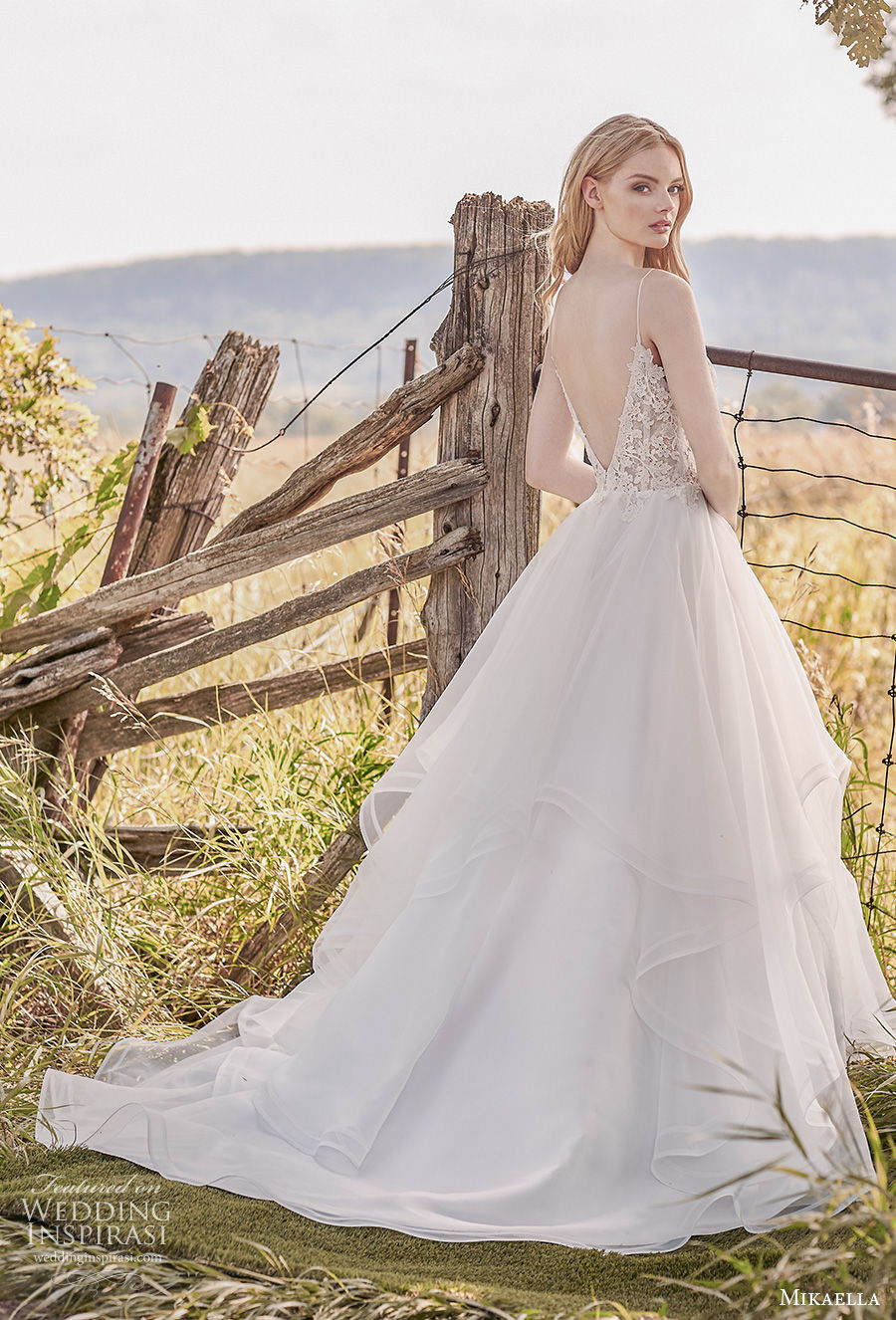 mikaella spring 2020 bridal spaghetti strap deep sweetheart neckline heavily embellished bodice tiered skirt romantic a line wedding dress backless low back medium train (8) bv mikaella spring 2020 bridal spaghetti strap deep sweetheart neckline heavily embellished bodice tiered skirt romantic a line wedding dress backless low back medium train (8) bv