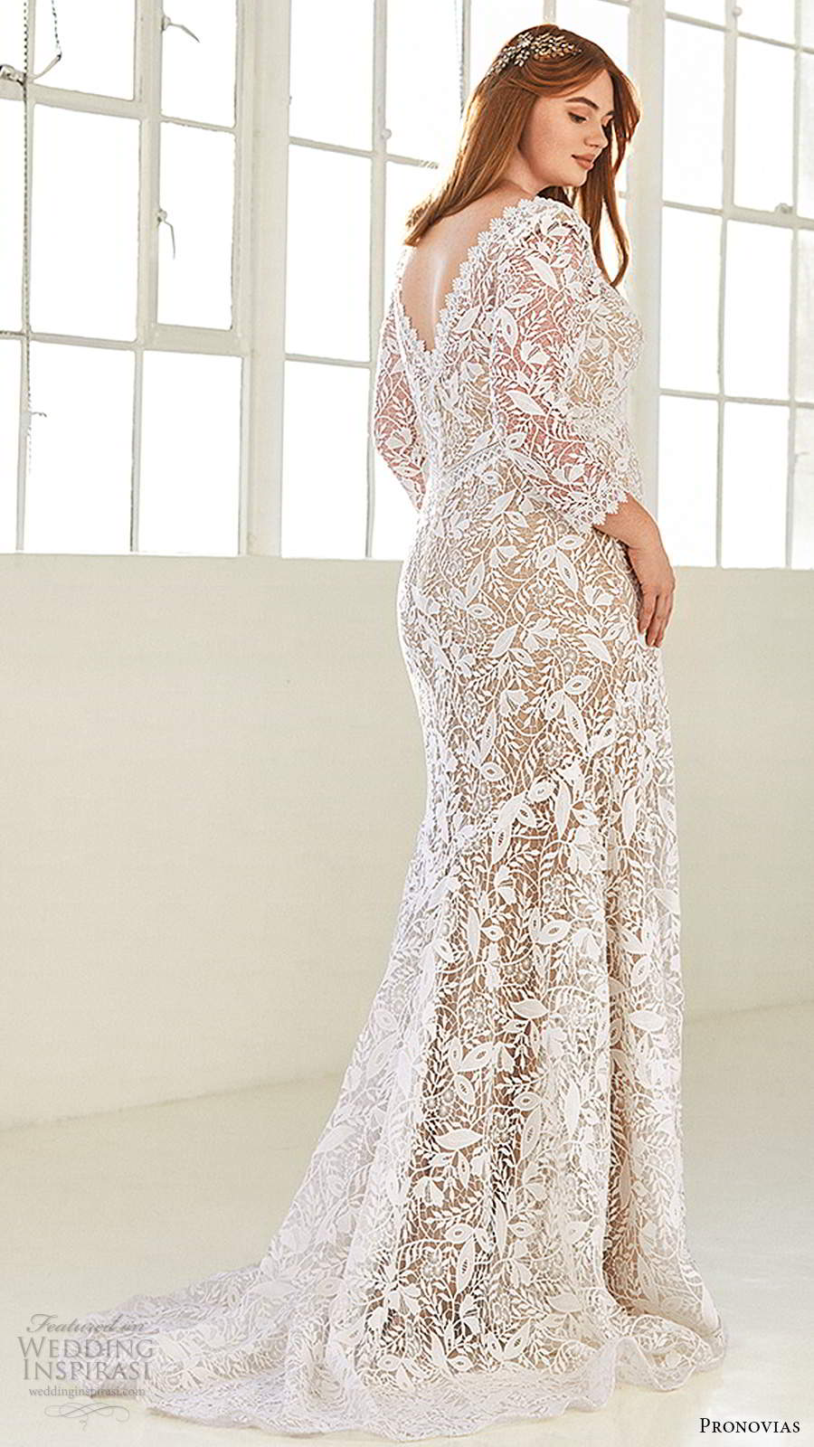 pronovias 2020 ashley graham x bridal 3 quarter sleeves v neckline fully embellished lace sheath wedding dress chapel train (7) bv