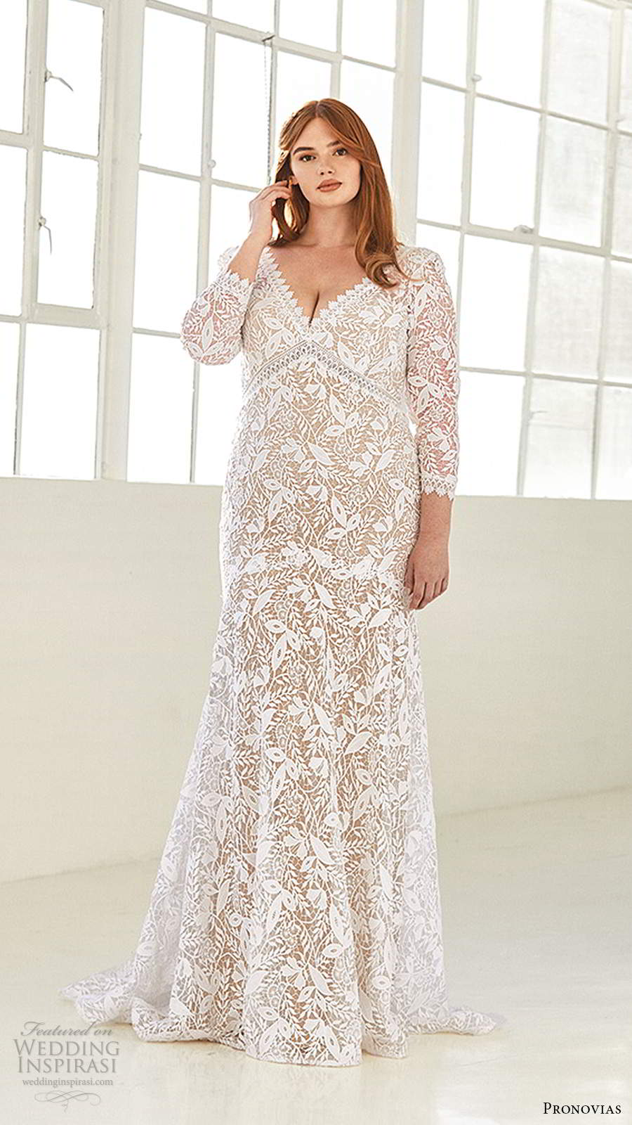 pronovias 2020 ashley graham x bridal 3 quarter sleeves v neckline fully embellished lace sheath wedding dress chapel train (7) mv