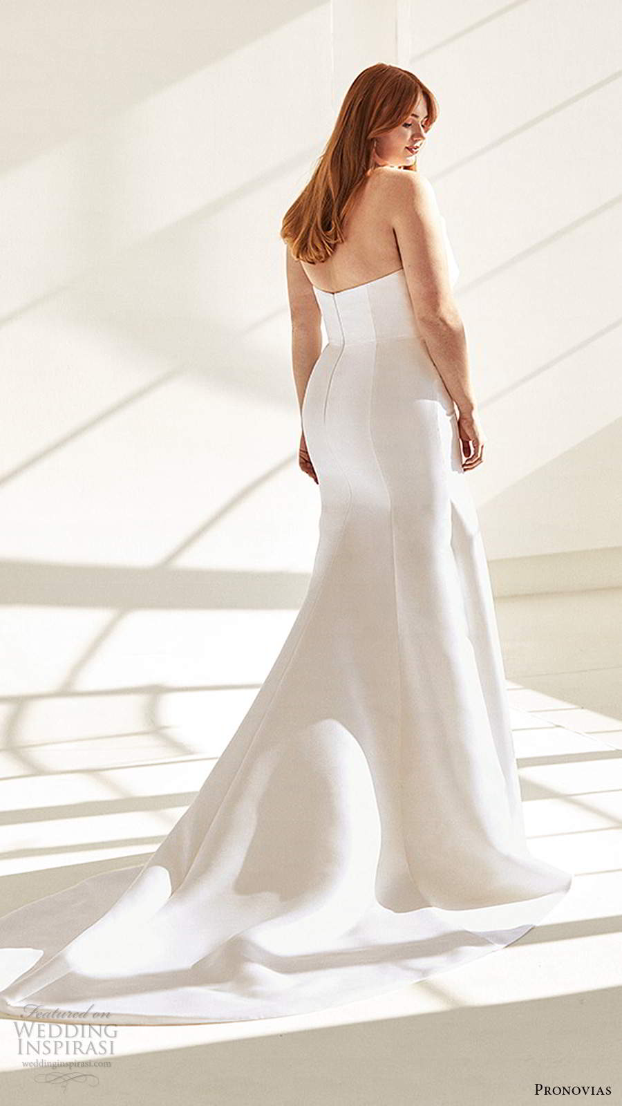 pronovias 2020 ashley graham x bridal asymmetrical strapless neckline clean minimalist fit flare mermaid wedding dress chapel train (4) bv