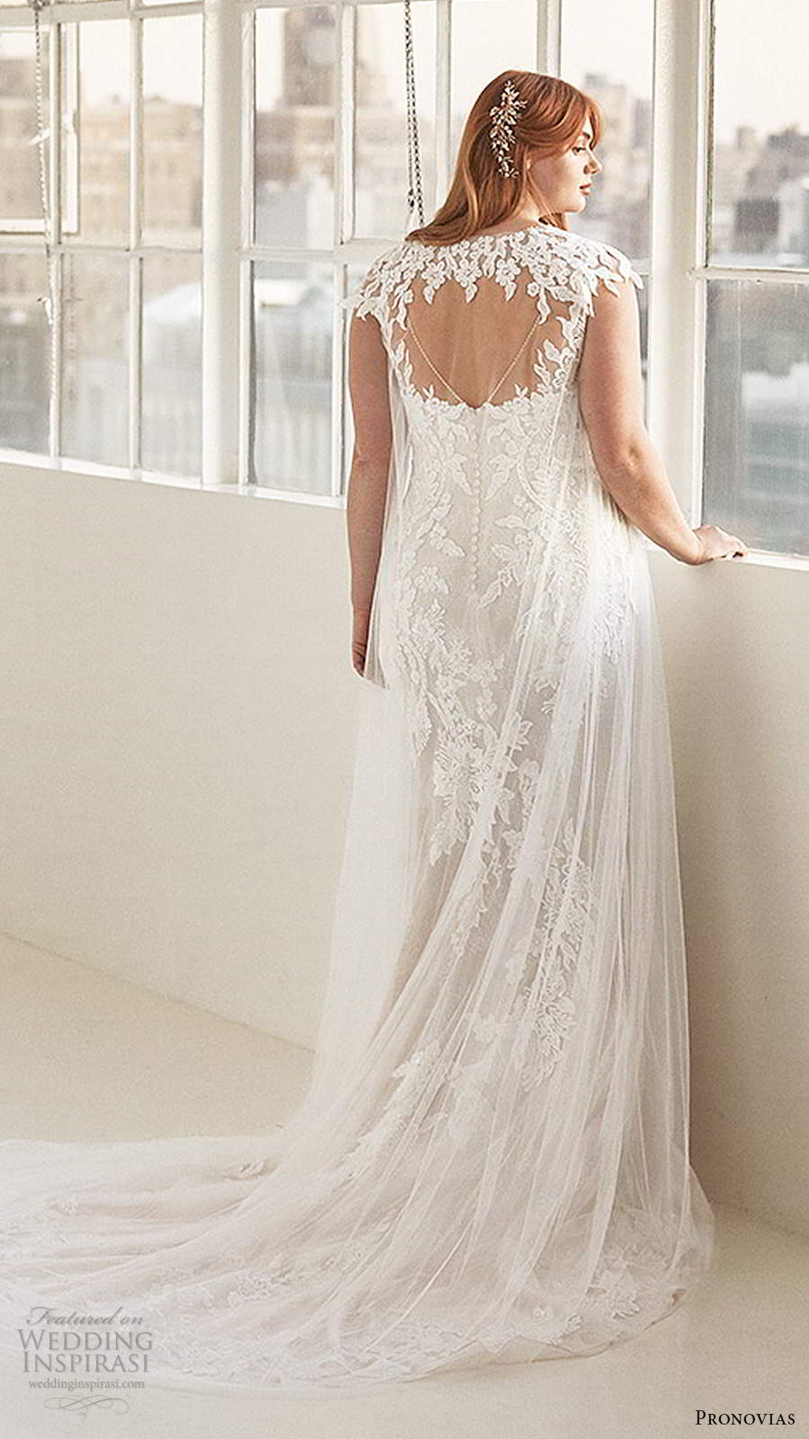 pronovias 2020 ashley graham x bridal illusion cap sleeves sheer v neckline embellished bodice lace sheath wedding dress chapel train (6) bv