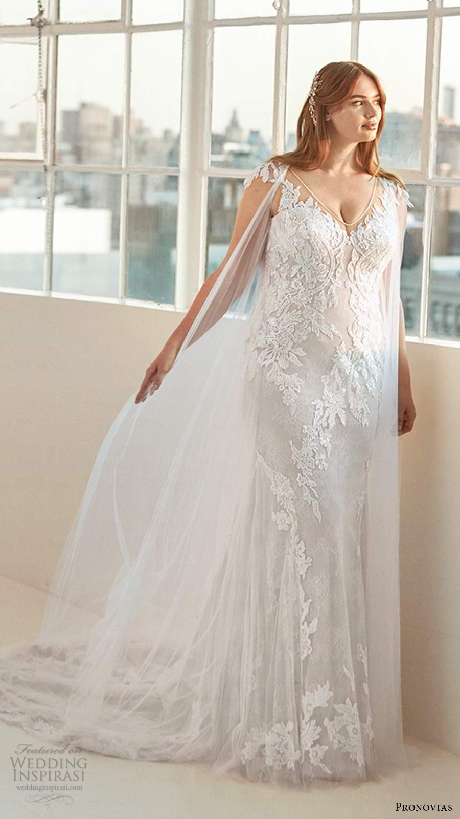 pronovias 2020 ashley graham x bridal illusion cap sleeves sheer v neckline embellished bodice lace sheath wedding dress chapel train (6) mv