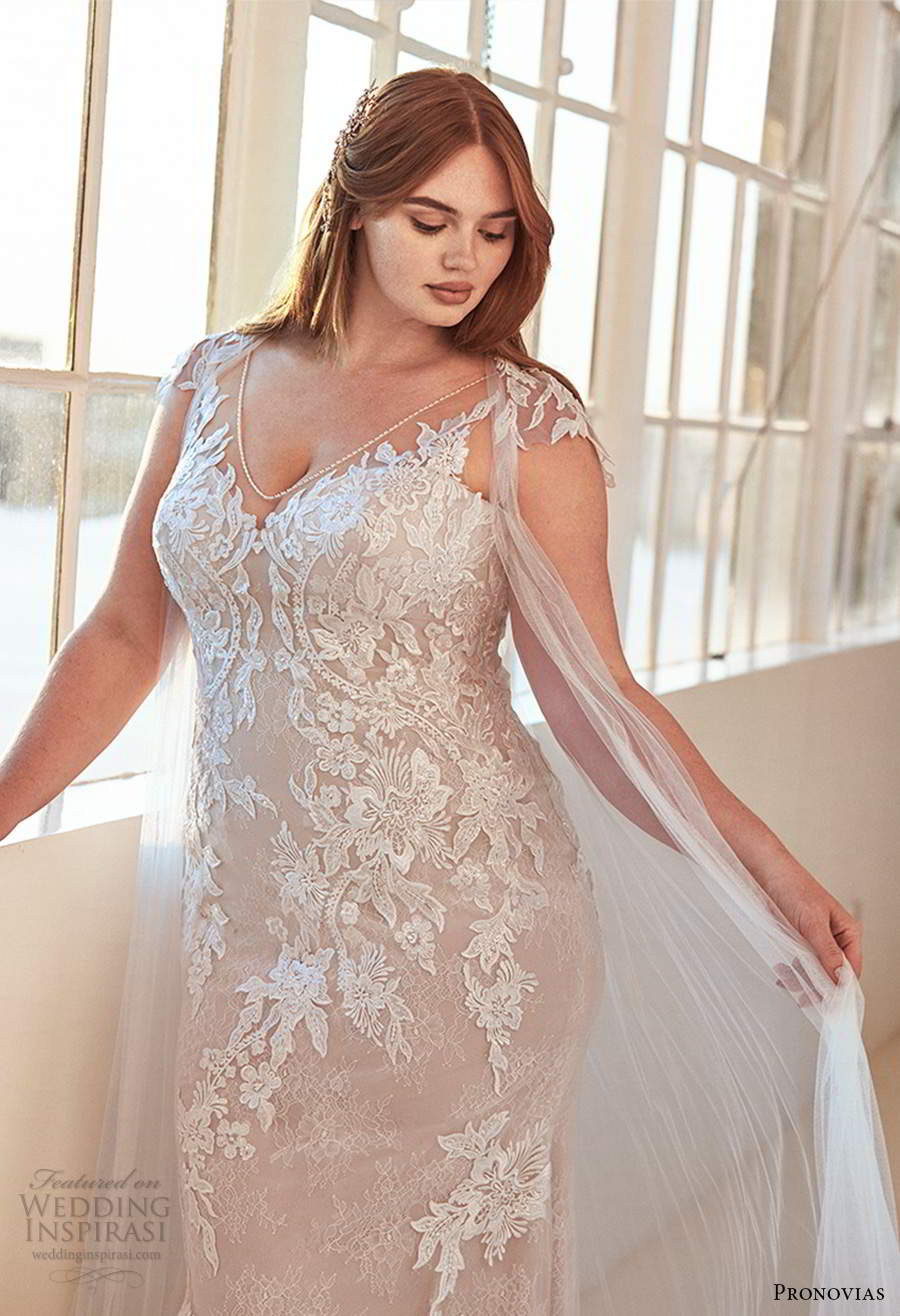 pronovias 2020 ashley graham x bridal illusion cap sleeves sheer v neckline embellished bodice lace sheath wedding dress chapel train (6) zv