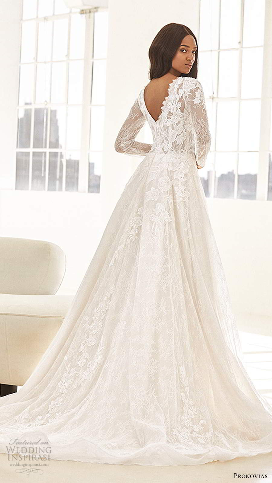 pronovias 2020 ashley graham x bridal illusion long sleeve v neckline embellished bodice lace a line wedding dress chapel train (15) bv