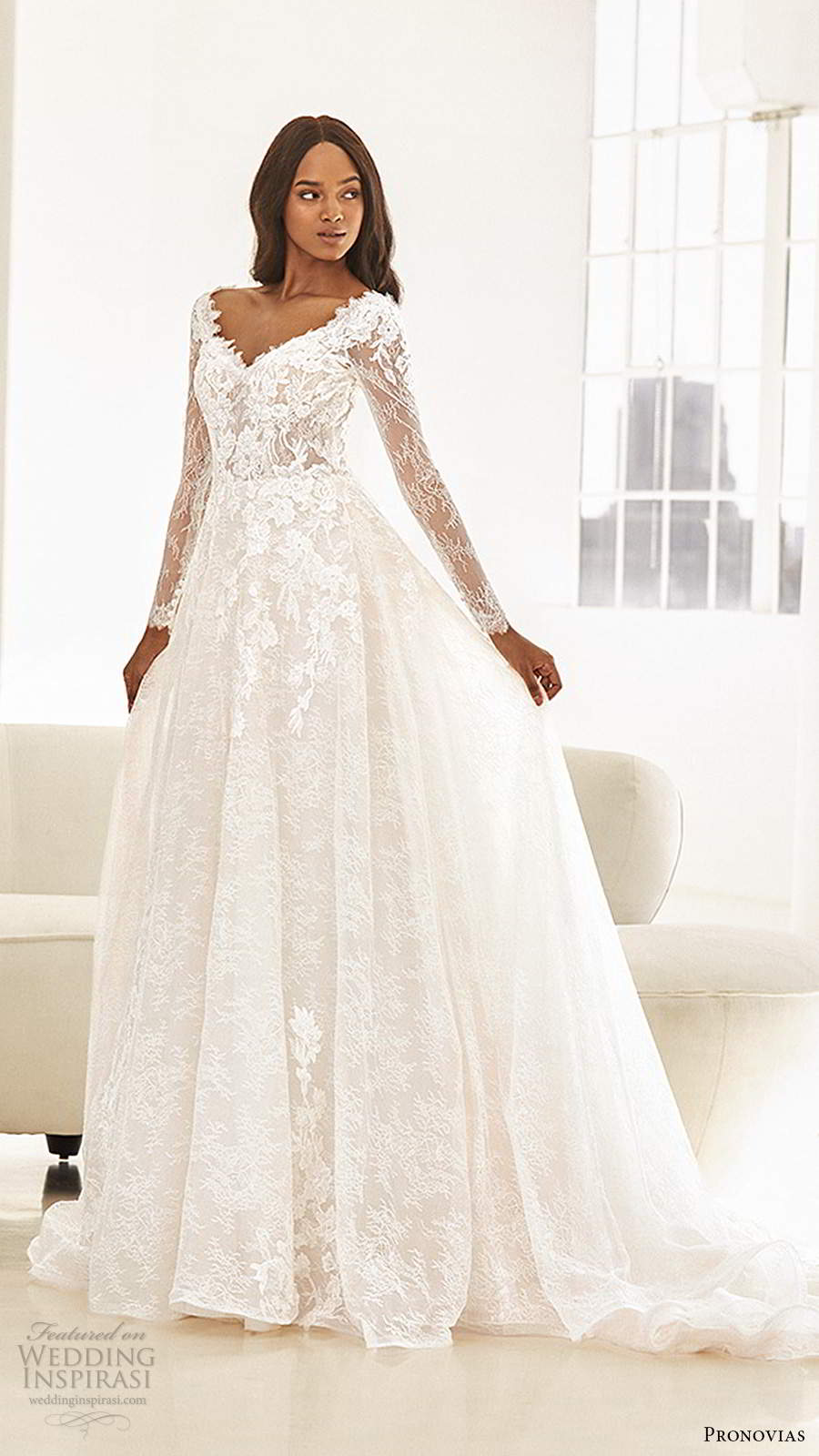 pronovias 2020 ashley graham x bridal illusion long sleeve v neckline embellished bodice lace a line wedding dress chapel train (15) mv