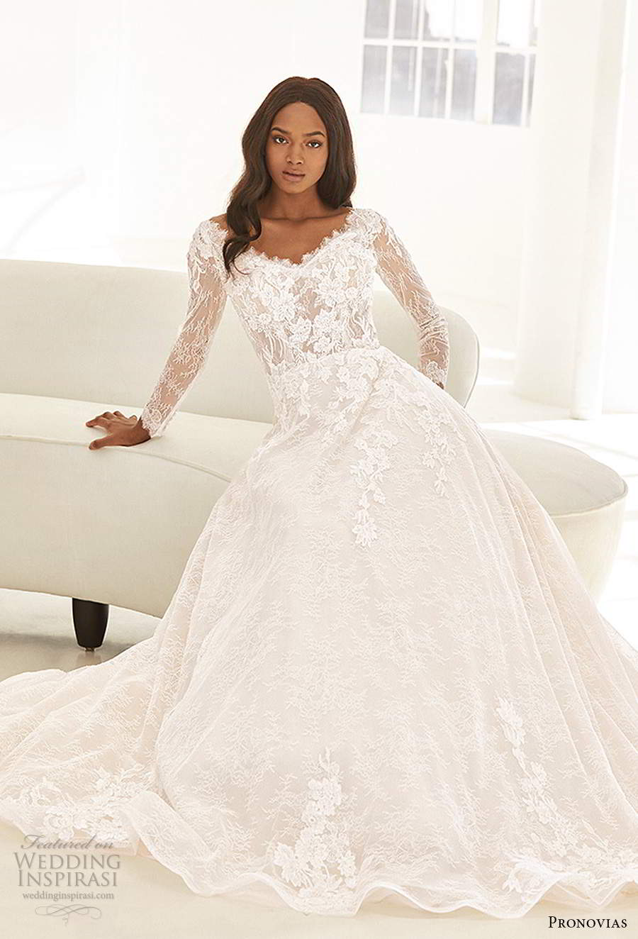 pronovias 2020 ashley graham x bridal illusion long sleeve v neckline embellished bodice lace a line wedding dress chapel train (15) zv