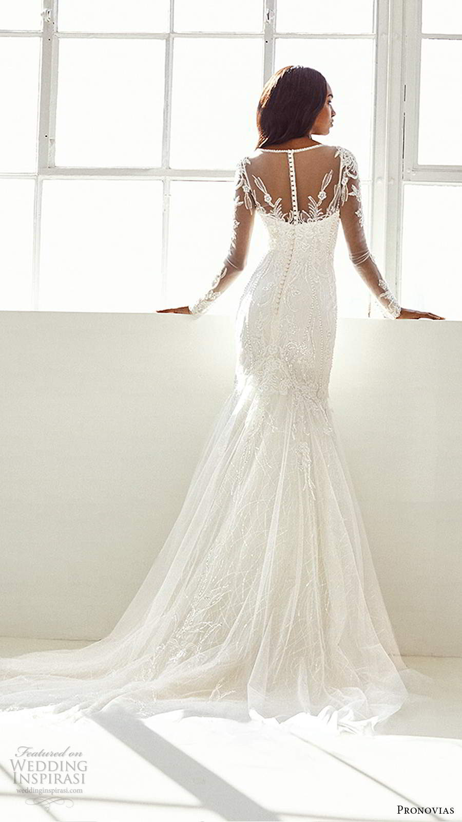 pronovias 2020 ashley graham x bridal illusion long sleeves plunging v neckline heavily embellished fit flare mermaid wedding dress chapel train (12) bv