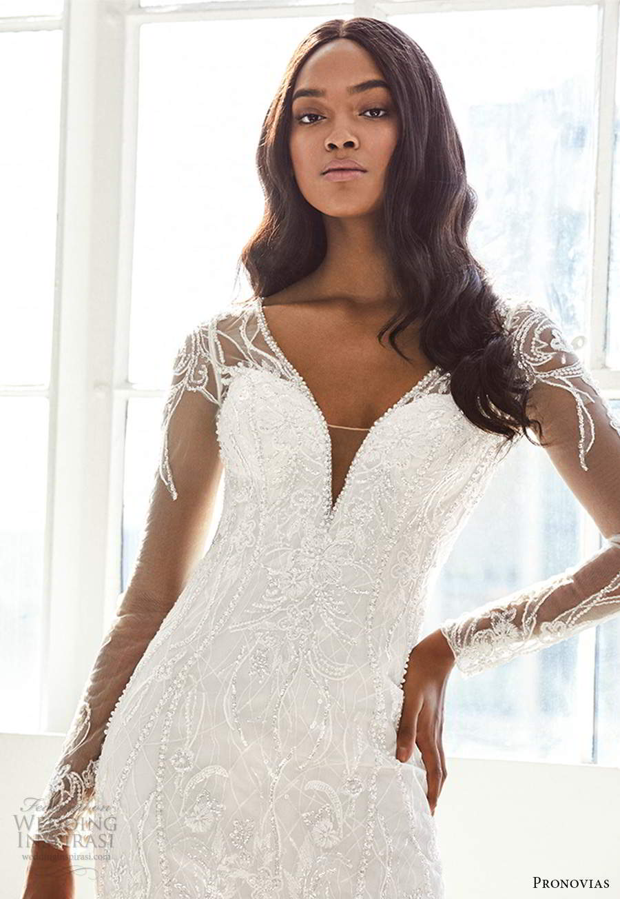 pronovias 2020 ashley graham x bridal illusion long sleeves plunging v neckline heavily embellished fit flare mermaid wedding dress chapel train (12) zv