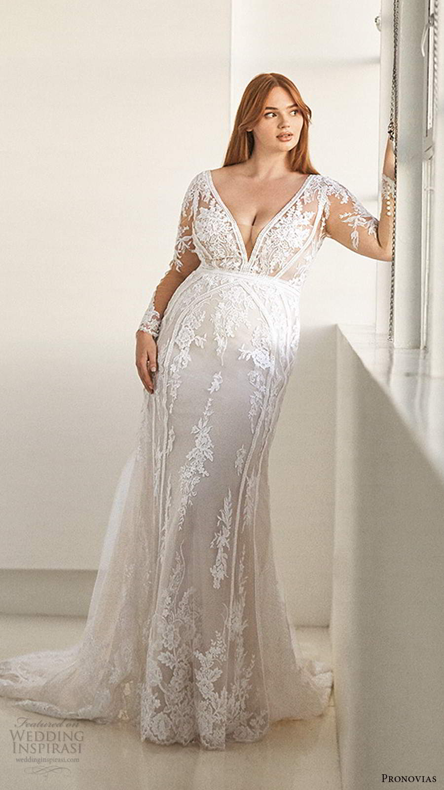 pronovias 2020 ashley graham x bridal illusion long sleeves plunging v neckline sheer bodice lace fit flare mermaid wedding dress chapel train (2) mv