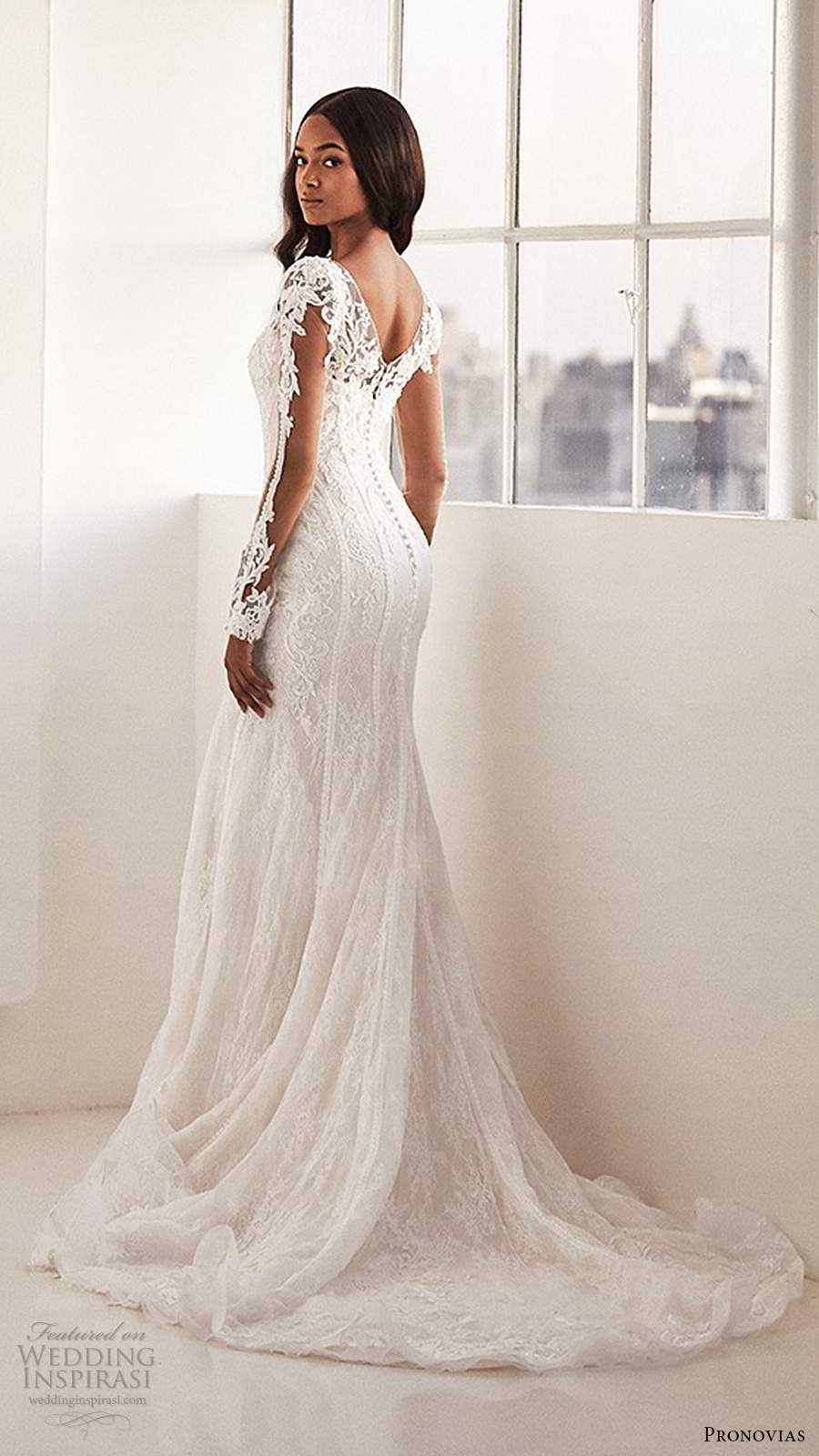 pronovias 2020 ashley graham x bridal illusion long sleeves v neckline embellished lace sheath mermaid wedding dress chapel train (8) bv