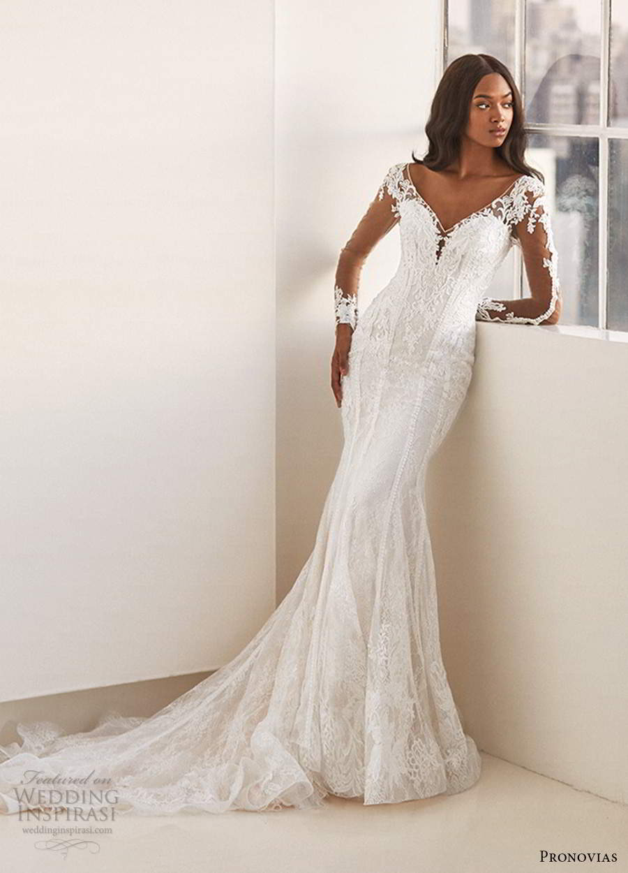 pronovias 2020 ashley graham x bridal illusion long sleeves v neckline embellished lace sheath mermaid wedding dress chapel train (8) mv