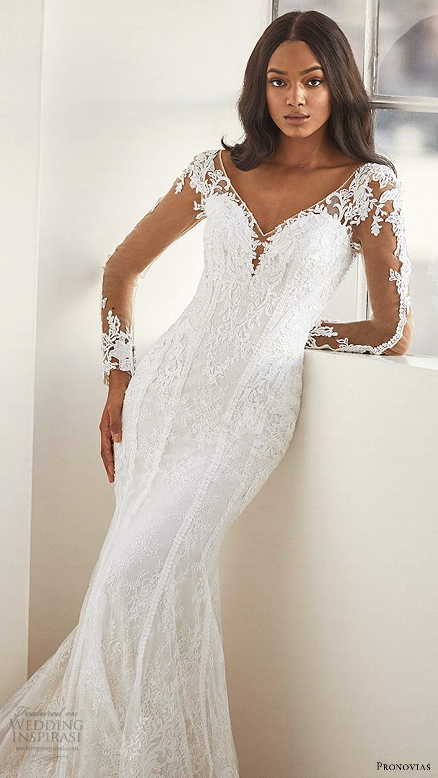 pronovias 2020 ashley graham x bridal illusion long sleeves v neckline embellished lace sheath mermaid wedding dress chapel train (8) zv