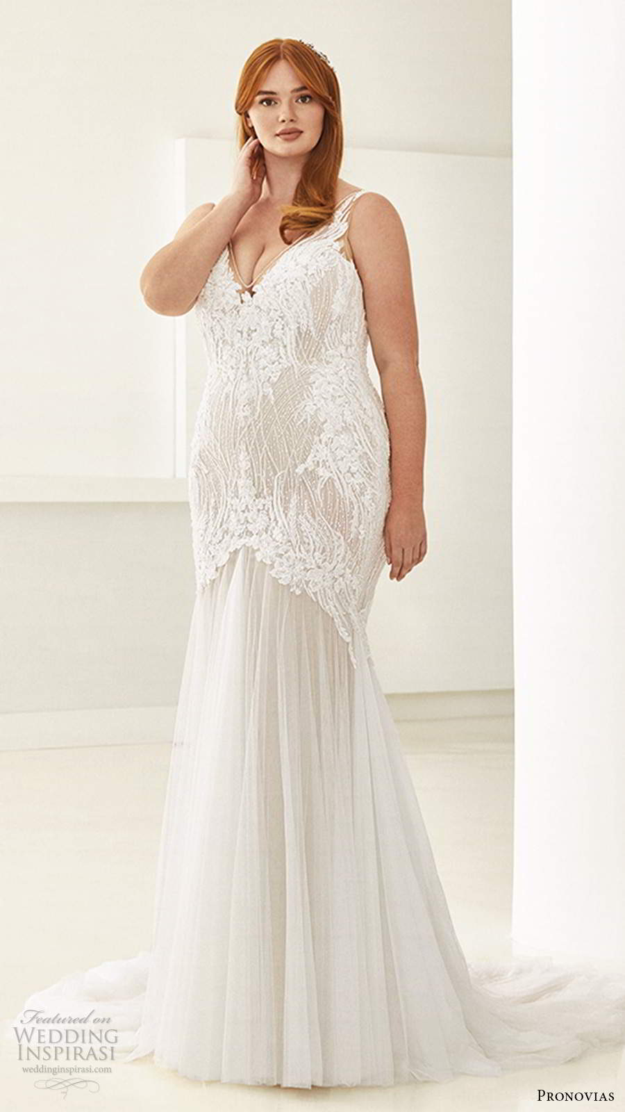 pronovias 2020 ashley graham x bridal sleeveless illusion straps v neckline heavily embellished bodice fit flare mermaid wedding dress chapel train (9) mv